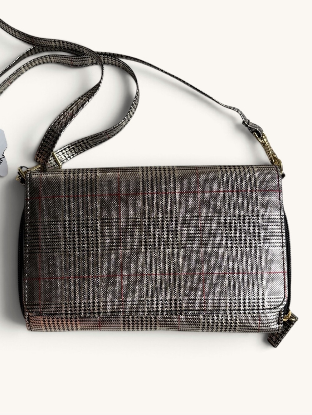 MUNDI Plaid Crossbody Shoulder Bag - Metallic Gold with Black & Red Plaid